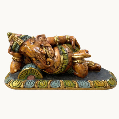 Wooden Carved Reclining Ganesha Pair – Hand-Painted Decorative Idol Set