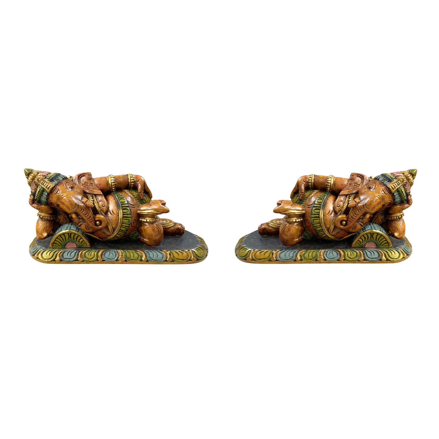 Wooden Carved Reclining Ganesha Pair – Hand-Painted Decorative Idol Set
