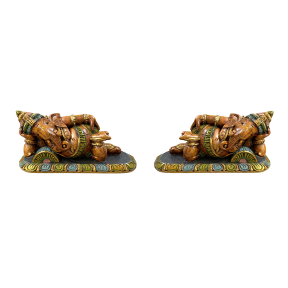 Wooden Carved Reclining Ganesha Pair – Hand-Painted Decorative Idol Set