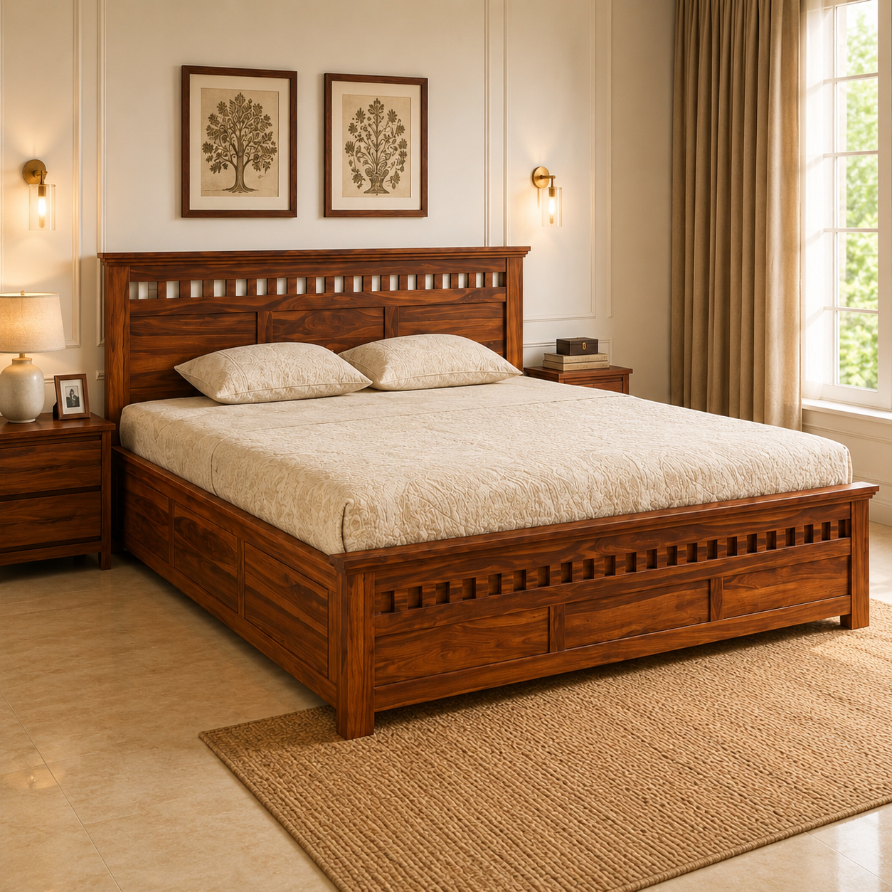 Solid Sheesham Wood Bed – Classic Panel & Slatted Design