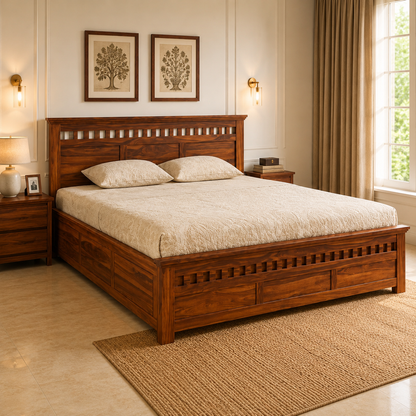Solid Sheesham Wood Bed – Classic Panel & Slatted Design