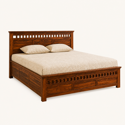 Solid Sheesham Wood Bed – Classic Panel & Slatted Design
