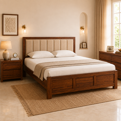 Solid Sheesham Wood Bed – Upholstered Panel Headboard & Classic Panelled Design