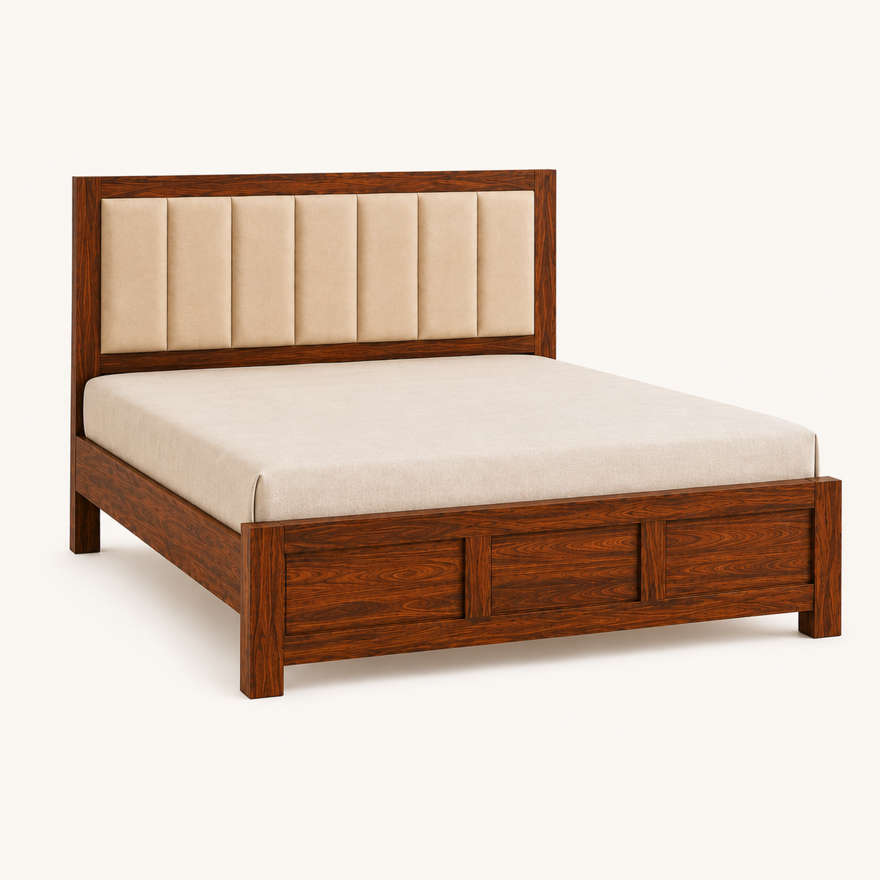 Solid Sheesham Wood Bed – Upholstered Panel Headboard & Classic Panelled Design