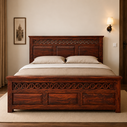 Solid Sheesham Wood Bed – Geometric Lattice Design