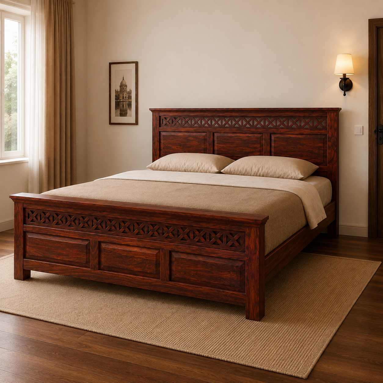Solid Sheesham Wood Bed – Geometric Lattice Design