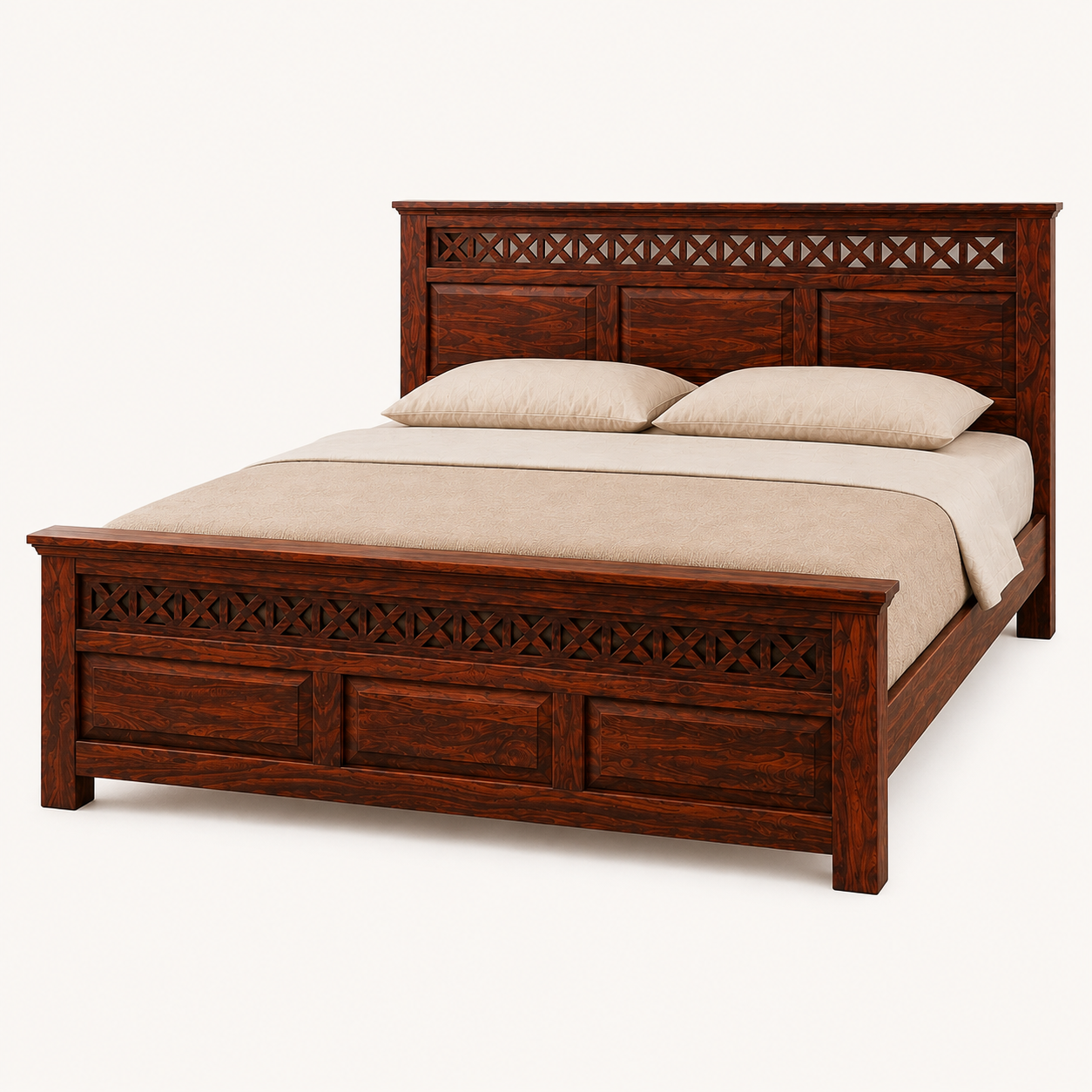 Solid Sheesham Wood Bed – Geometric Lattice Design