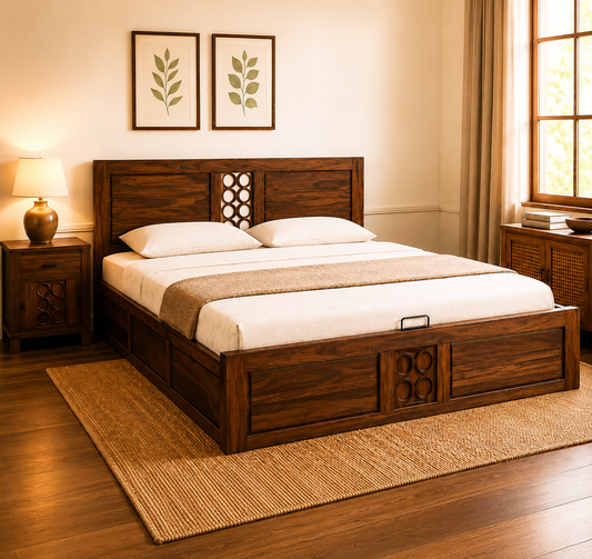 Solid Sheesham Wood Bed – Circular Geometric Design
