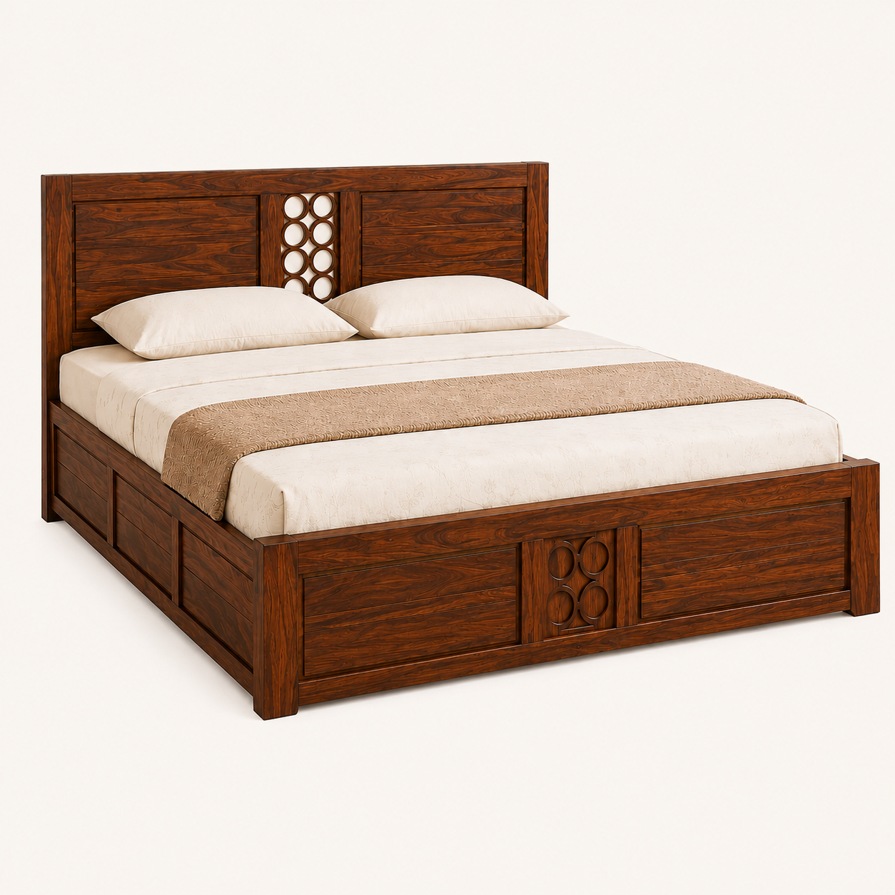 Solid Sheesham Wood Bed – Circular Geometric Design