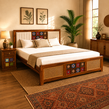 Solid Sheesham Wood Bed – Cane & Tile Pattern Design
