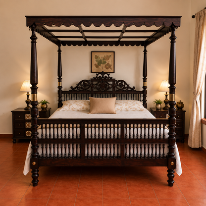 Solid Sheesham Wood Four Poster Bed – Classic Canopy Design