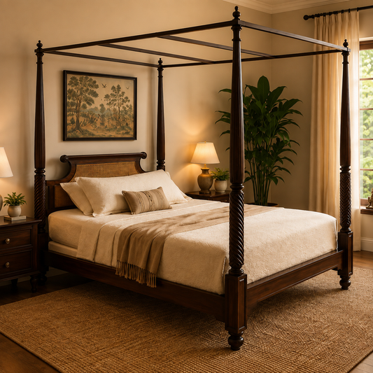 Solid Sheesham Wood Four Poster Bed – Spiral Post & Cane Headboard