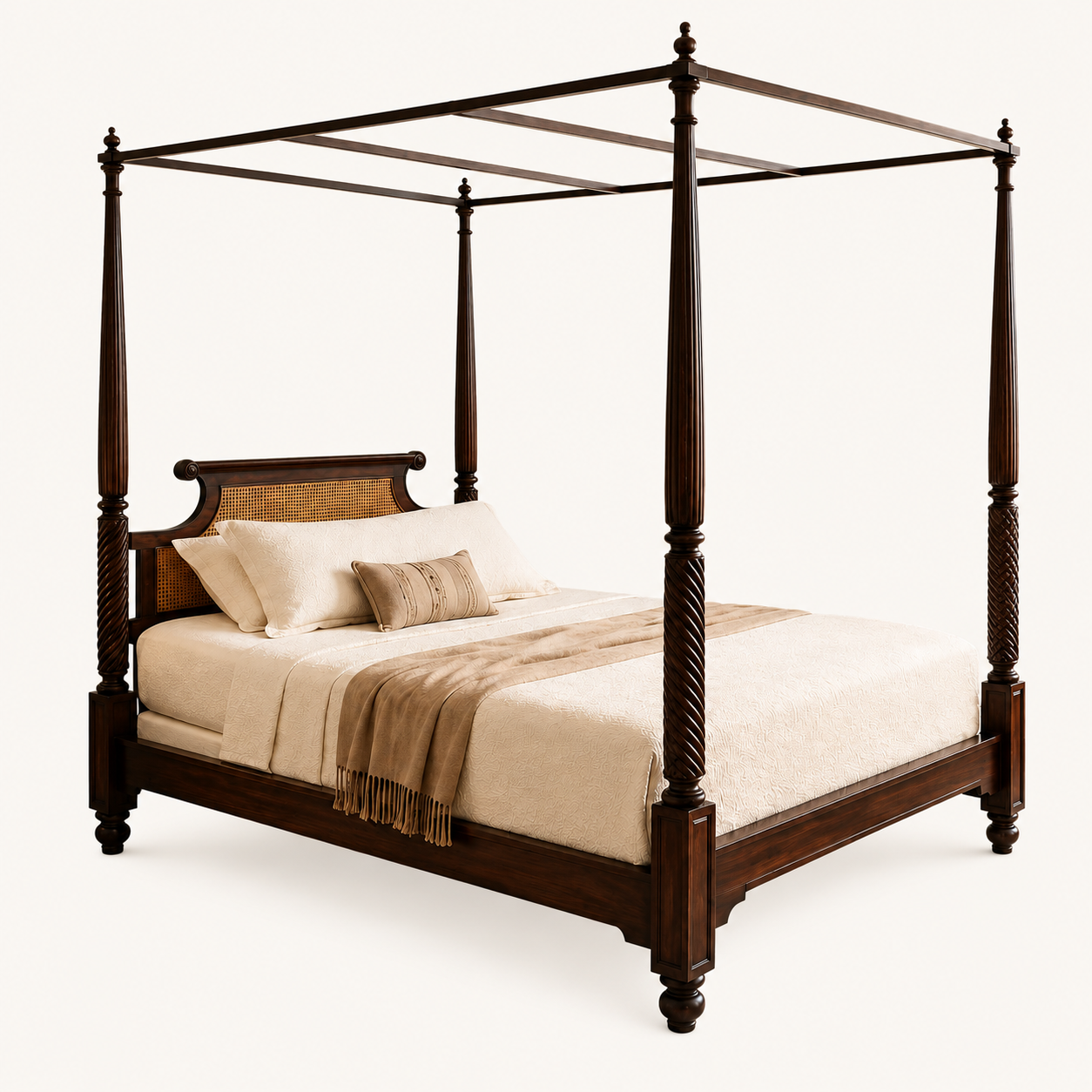 Solid Sheesham Wood Four Poster Bed – Spiral Post & Cane Headboard