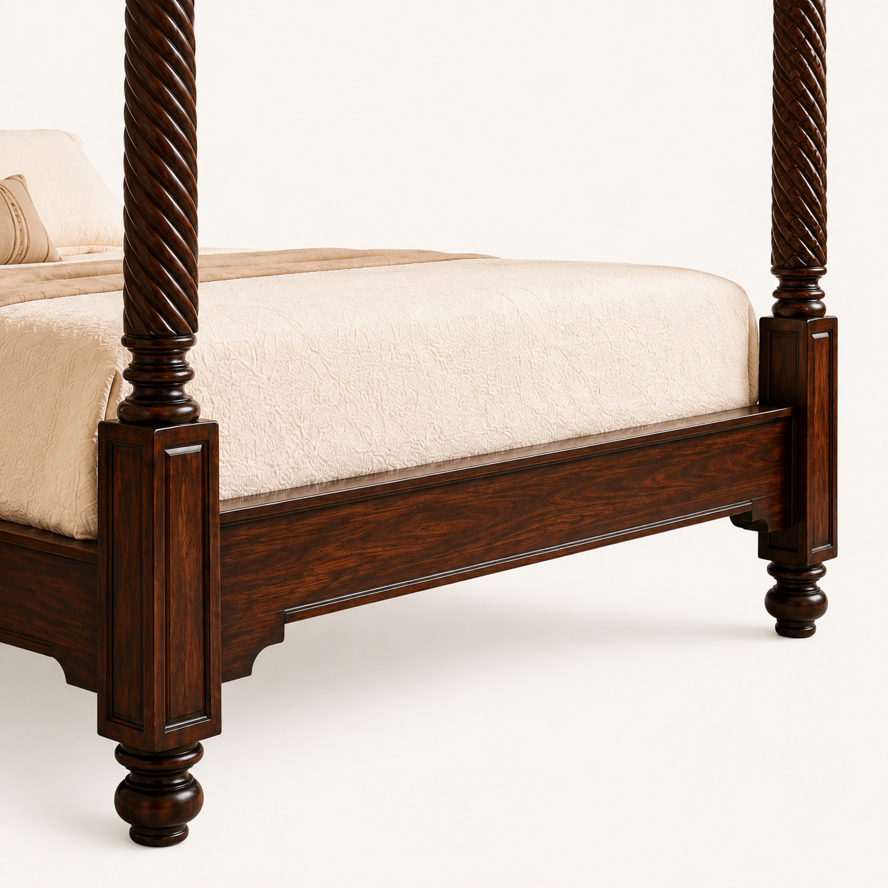Solid Sheesham Wood Four Poster Bed – Spiral Post & Cane Headboard