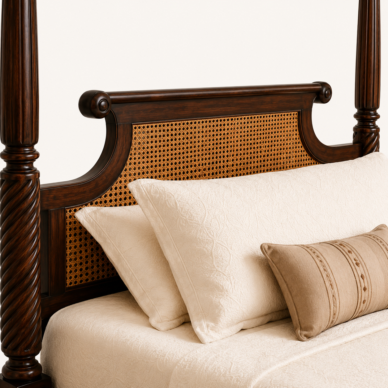 Solid Sheesham Wood Four Poster Bed – Spiral Post & Cane Headboard