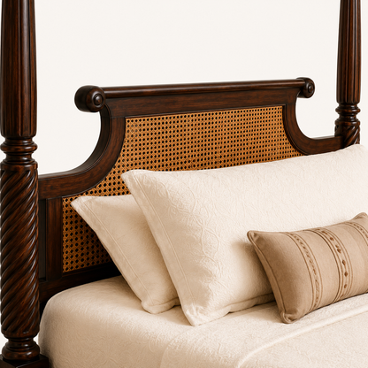 Solid Sheesham Wood Four Poster Bed – Spiral Post & Cane Headboard