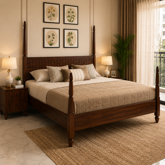Solid Sheesham Wood Four Poster Bed – Classic Slatted Headboard