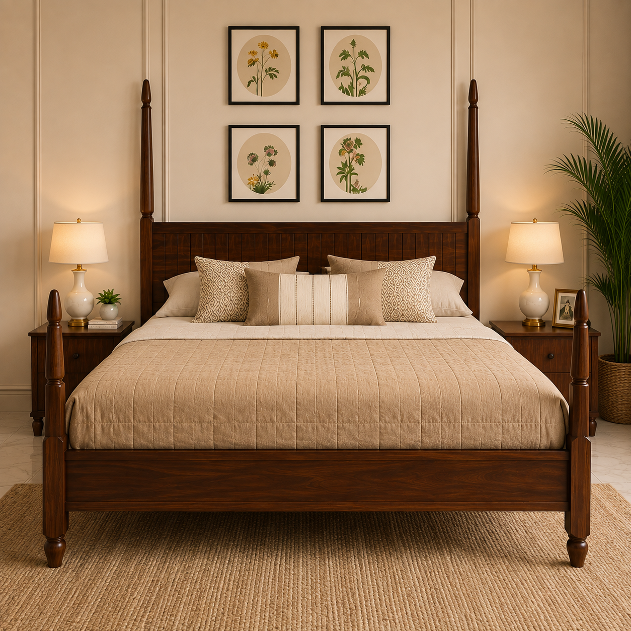 Solid Sheesham Wood Four Poster Bed – Classic Slatted Headboard