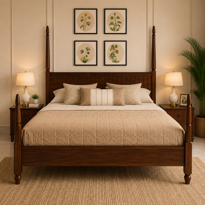 Solid Sheesham Wood Four Poster Bed – Classic Slatted Headboard