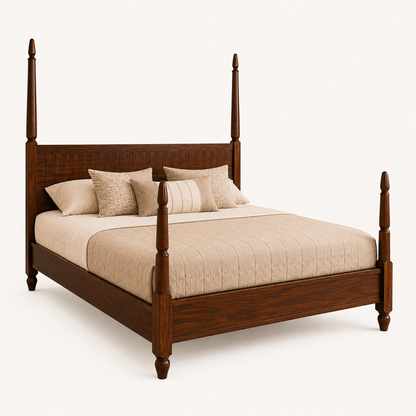 Solid Sheesham Wood Four Poster Bed – Classic Slatted Headboard