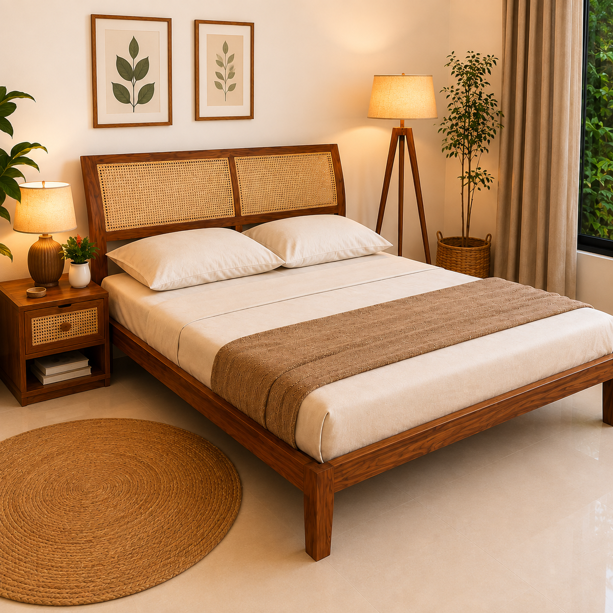 Solid Sheesham Wood Bed with Cane Headboard – Contemporary Design