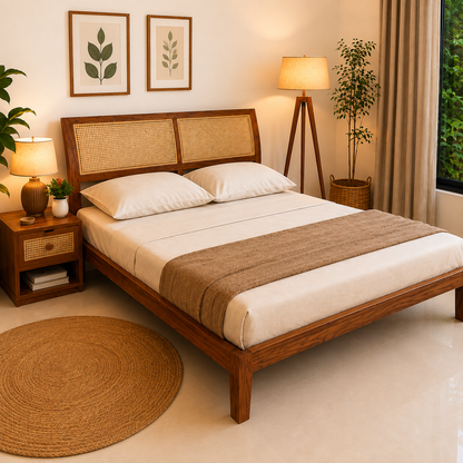 Solid Sheesham Wood Bed with Cane Headboard – Contemporary Design