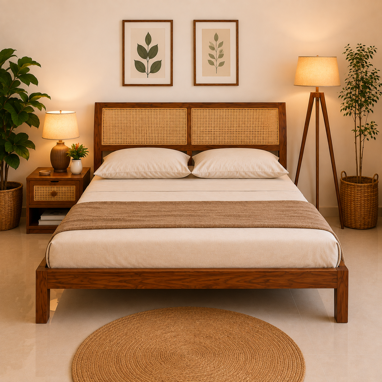 Solid Sheesham Wood Bed with Cane Headboard – Contemporary Design