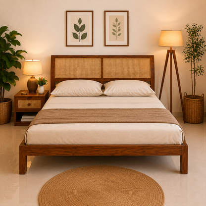 Solid Sheesham Wood Bed with Cane Headboard – Contemporary Design