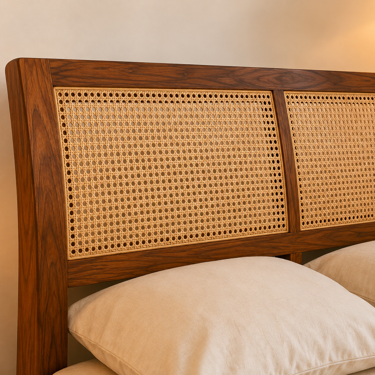 Solid Sheesham Wood Bed with Cane Headboard – Contemporary Design