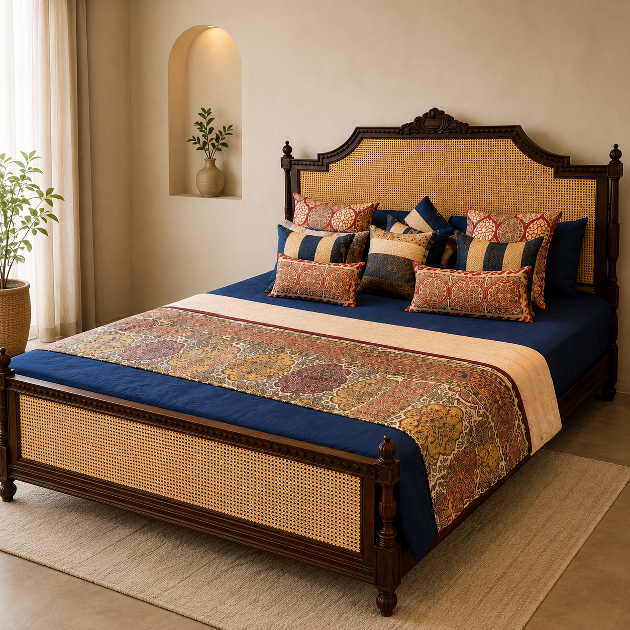 Solid Sheesham Wood Bed – Ornate Arched Cane Design