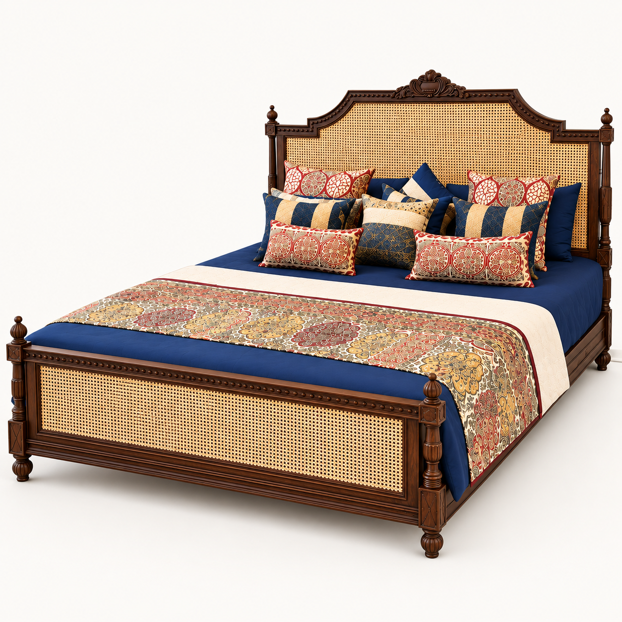 Solid Sheesham Wood Bed – Ornate Arched Cane Design