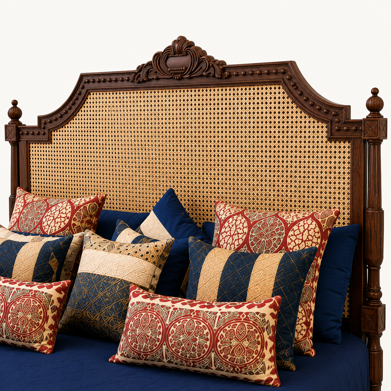 Solid Sheesham Wood Bed – Ornate Arched Cane Design
