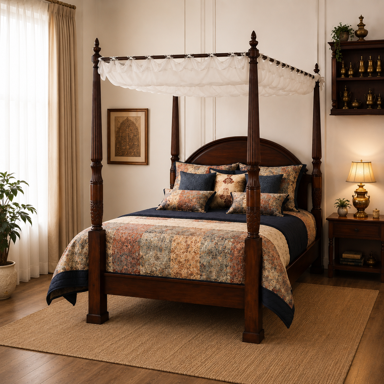 Solid Sheesham Wood Four Poster Bed – Curved Headboard Canopy Design