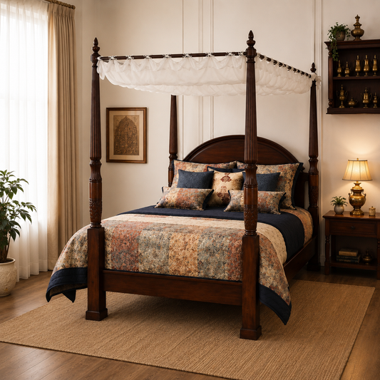 Solid Sheesham Wood Four Poster Bed – Curved Headboard Canopy Design