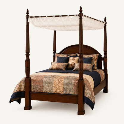 Solid Sheesham Wood Four Poster Bed – Curved Headboard Canopy Design