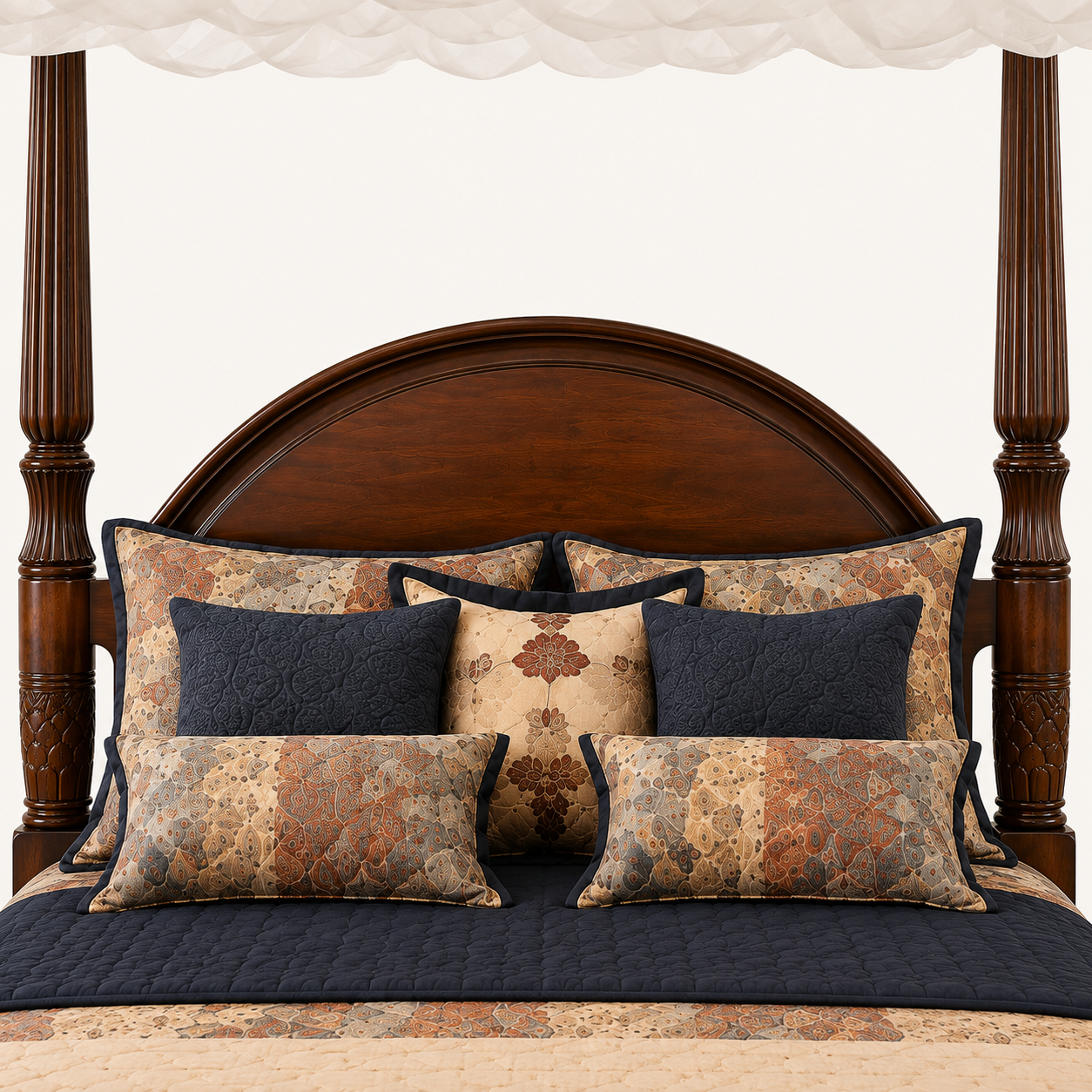Solid Sheesham Wood Four Poster Bed – Curved Headboard Canopy Design