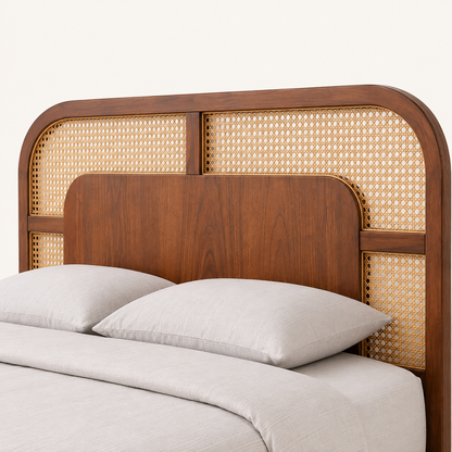 Solid Sheesham Wood Bed with Cane Headboard – Curved Design