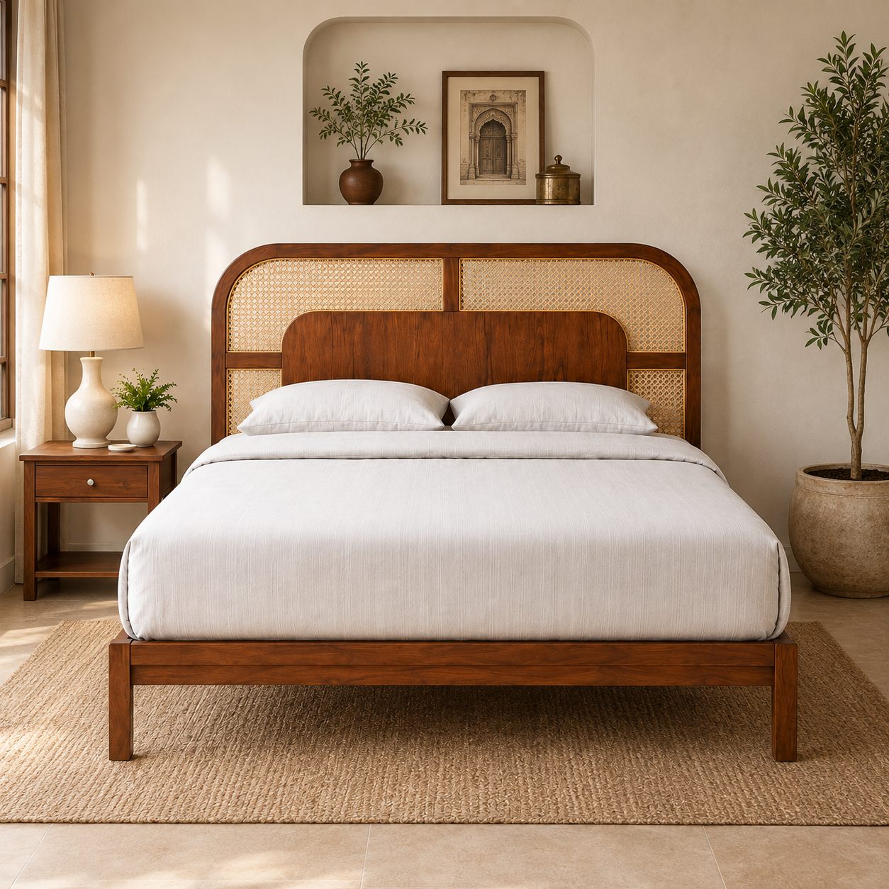 Solid Sheesham Wood Bed with Cane Headboard – Curved Design