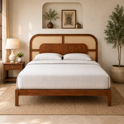 Solid Sheesham Wood Bed with Cane Headboard – Curved Design