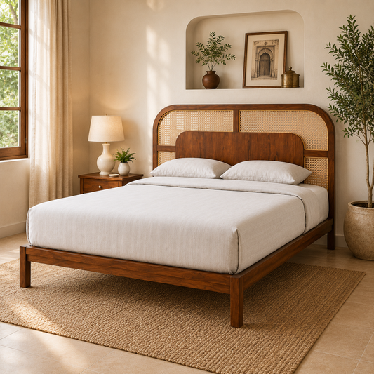 Solid Sheesham Wood Bed with Cane Headboard – Curved Design