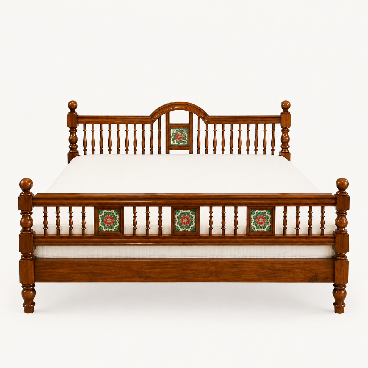 Solid Sheesham Wood Bed – Arched Spindle & Tile Pattern Design