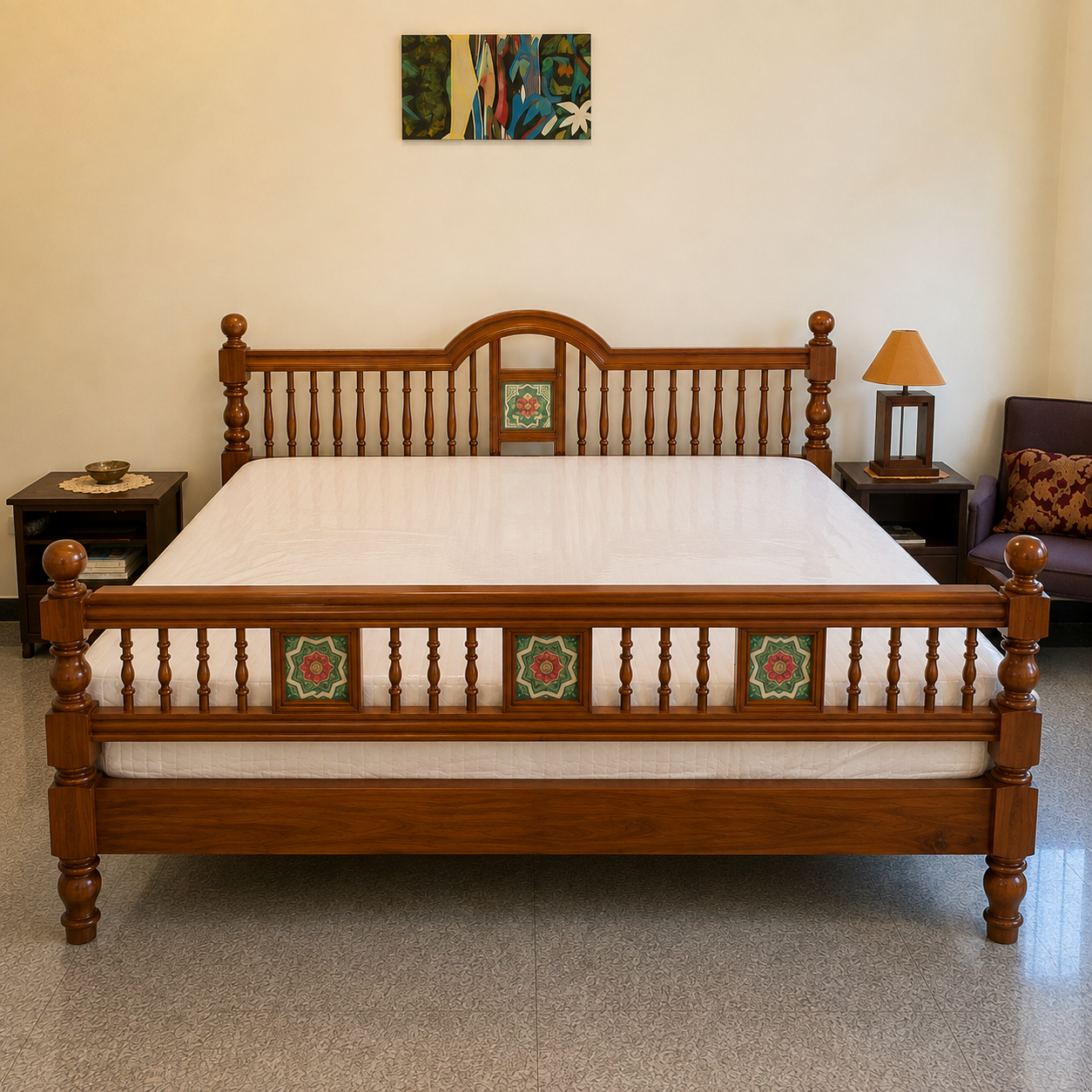 Solid Sheesham Wood Bed – Arched Spindle & Tile Pattern Design