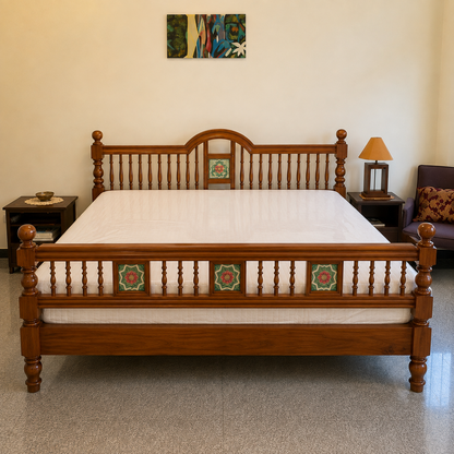 Solid Sheesham Wood Bed – Arched Spindle & Tile Pattern Design