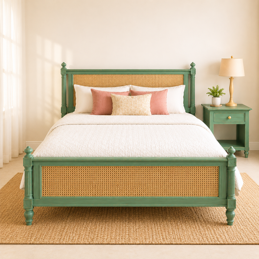 Solid Sheesham Wood Bed with Cane Panels – Soft Green Finish