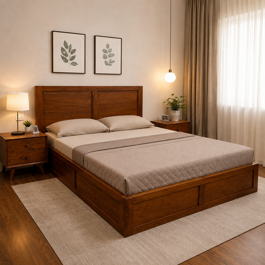 Solid Sheesham Wood Bed – Classic Panelled Design