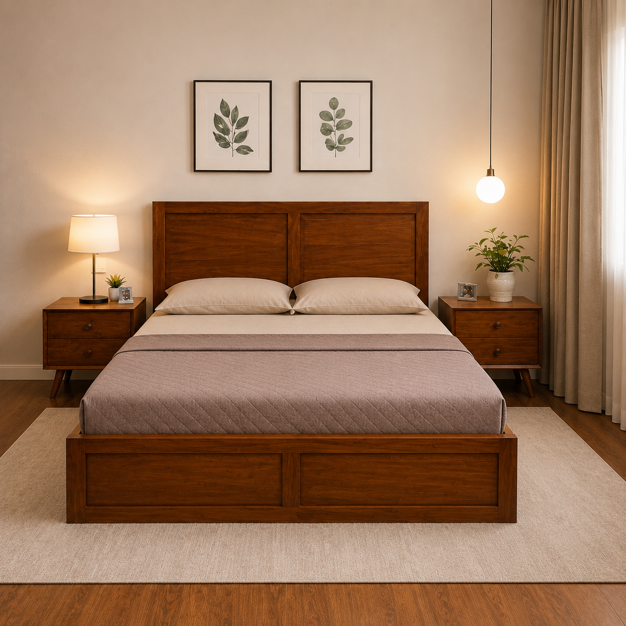 Solid Sheesham Wood Bed – Classic Panelled Design
