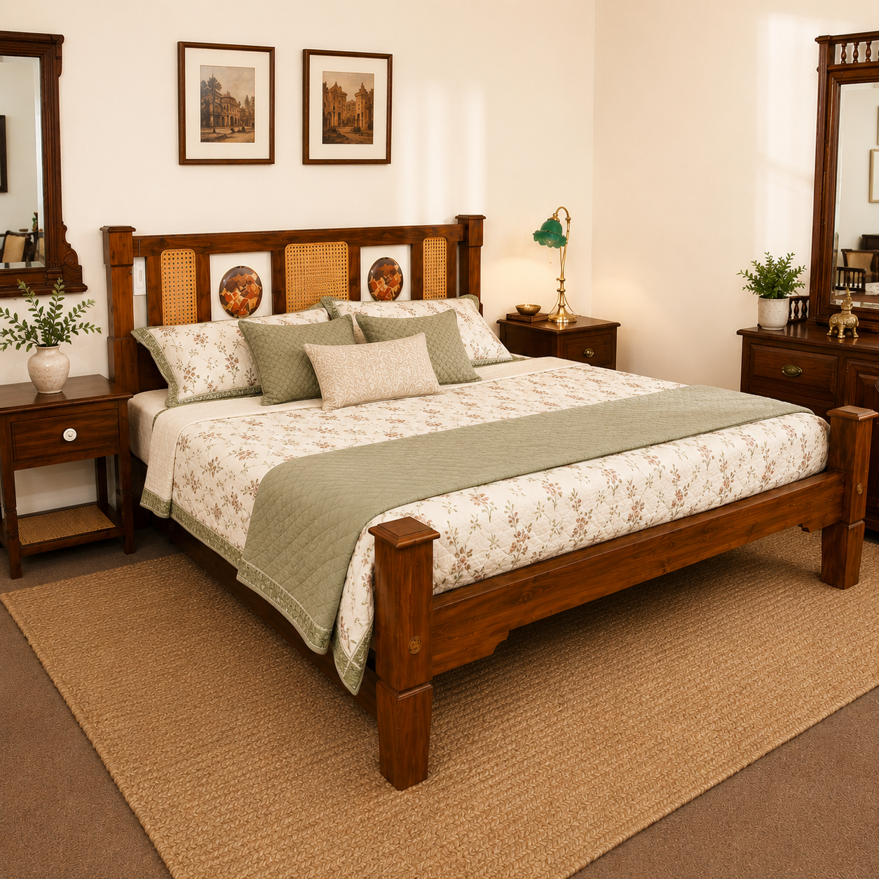 Solid Sheesham Wood Bed – Cane & Decorative Panel Design