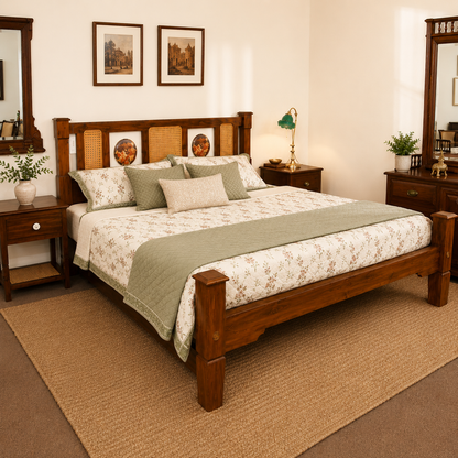 Solid Sheesham Wood Bed – Cane & Decorative Panel Design