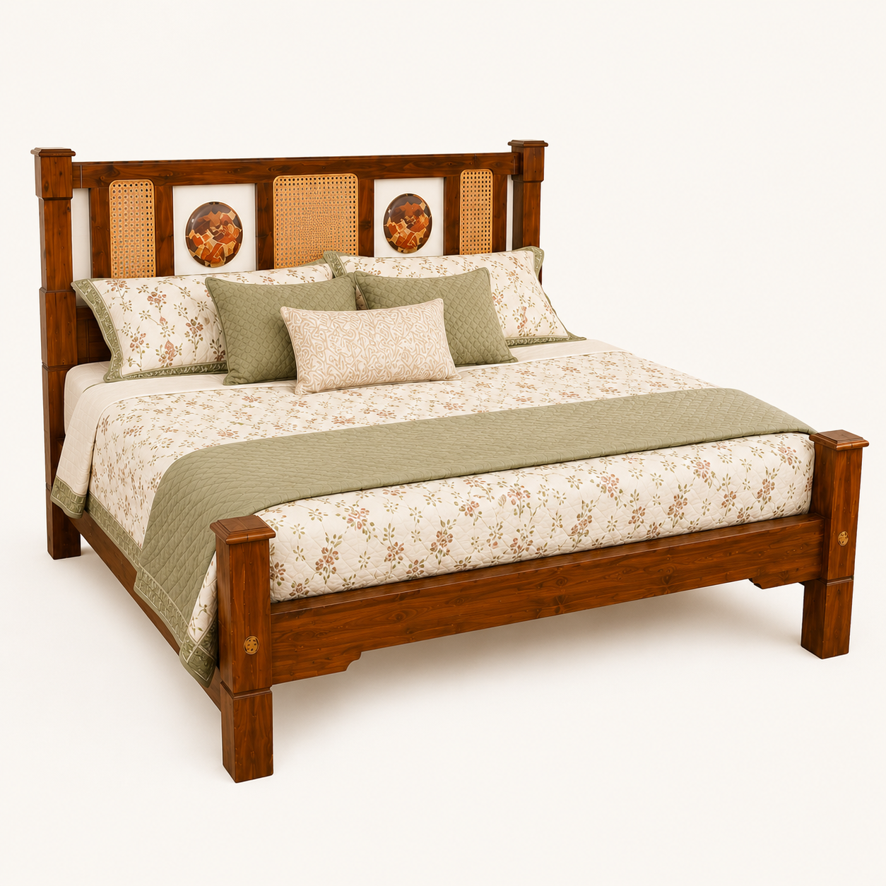 Solid Sheesham Wood Bed – Cane & Decorative Panel Design