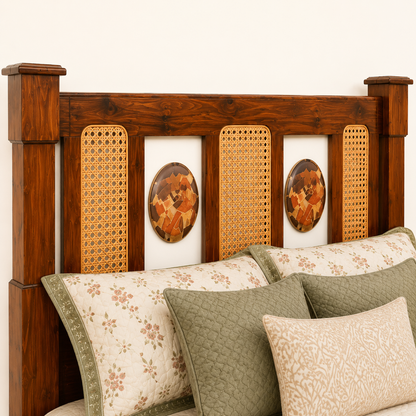Solid Sheesham Wood Bed – Cane & Decorative Panel Design